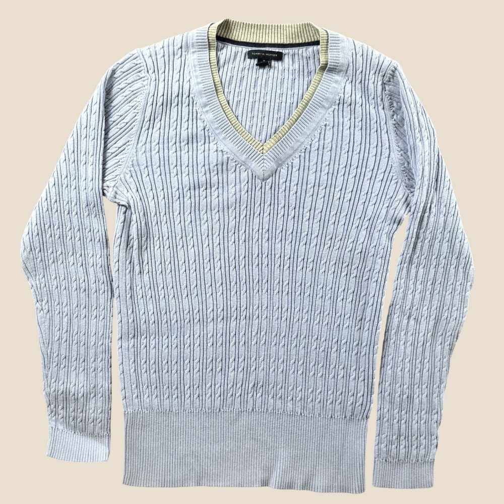 Tommy Hilfiger V-Neck Sweater Women M Violet Cable Knit Preppy Stretchy Top